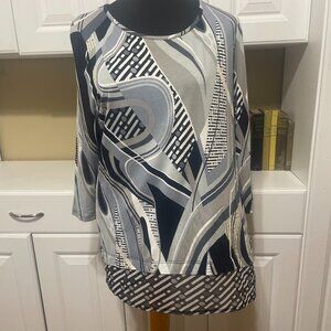 Lynn Ritchie Silver Size L Blue Geometric Pullover Knit Tunic Shear Hi-Low Hem